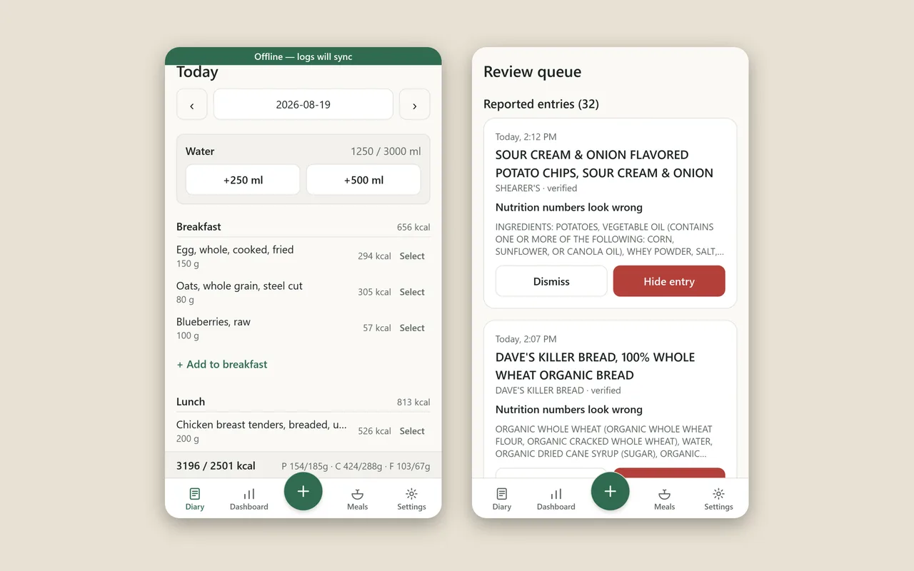 Avalon — the food diary and the entry review queue on mobile