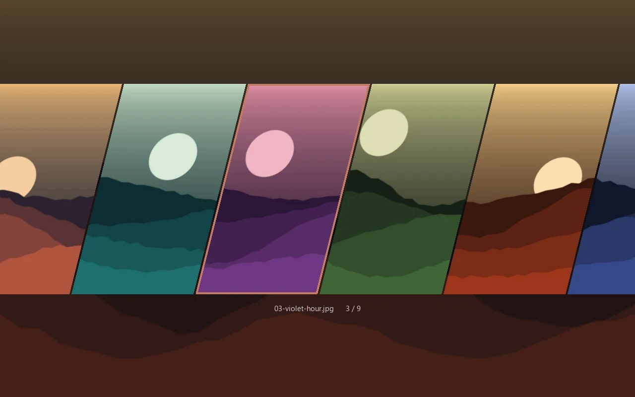 The Gladius overlay over a Windows desktop: a translucent, dimmed backdrop with a horizontal strip of wallpaper thumbnails sheared into leaning parallelograms, one tile outlined as the current selection.